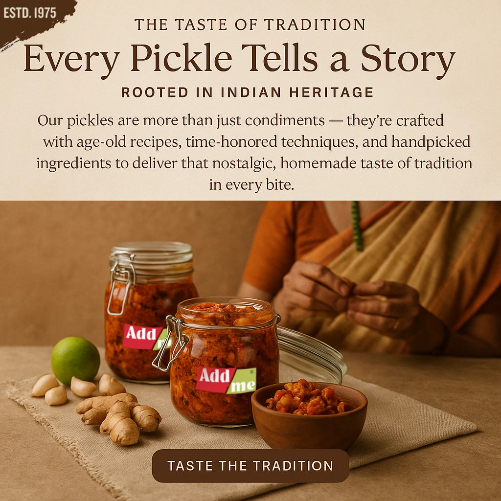 Promotional image of pickles with text about Indian heritage and traditional recipes.