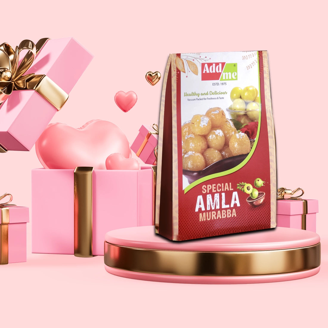 Pack of Add-me Special Amla Murabba on a pink platform with decorative elements