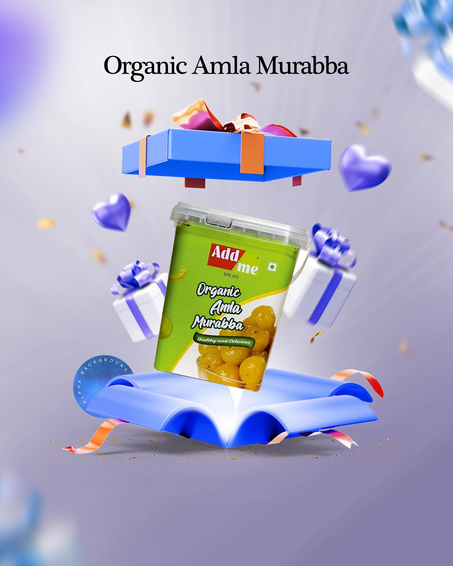 Add Me Organic Amla Murabba packaging with decorative elements on a light gray background