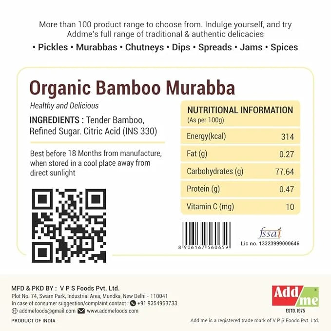 Back label of Organic Bamboo Murabba with nutritional information, ingredients, and Addme branding.
