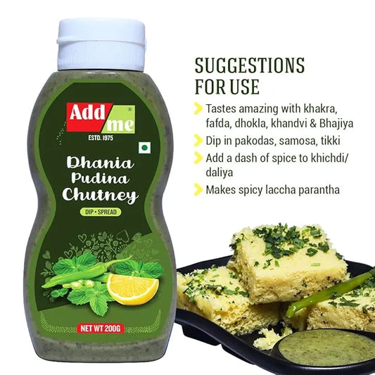Add some Dhania Pudina Chutney bottle with suggestions for use and a plate of food.