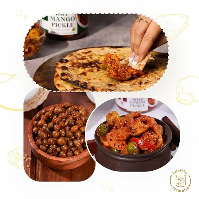 Collage of food items including a bowl of pickles, a plate with a piece of naan and a pickle, and a jar of pickles.
