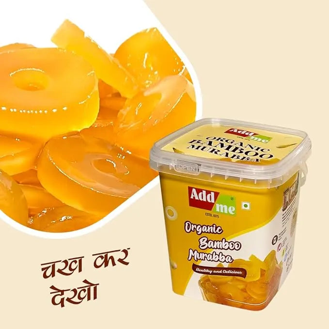 Add me Organic Bamboo Murabba packaging with sliced bamboo fruit on a beige background