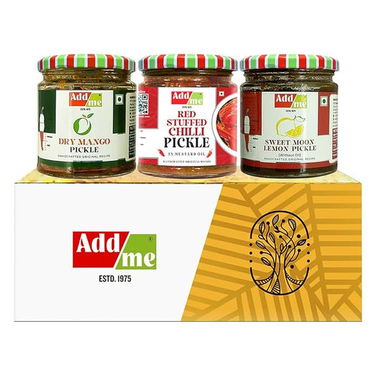 Three jars of Addme pickles on a branded box with the Addme logo.