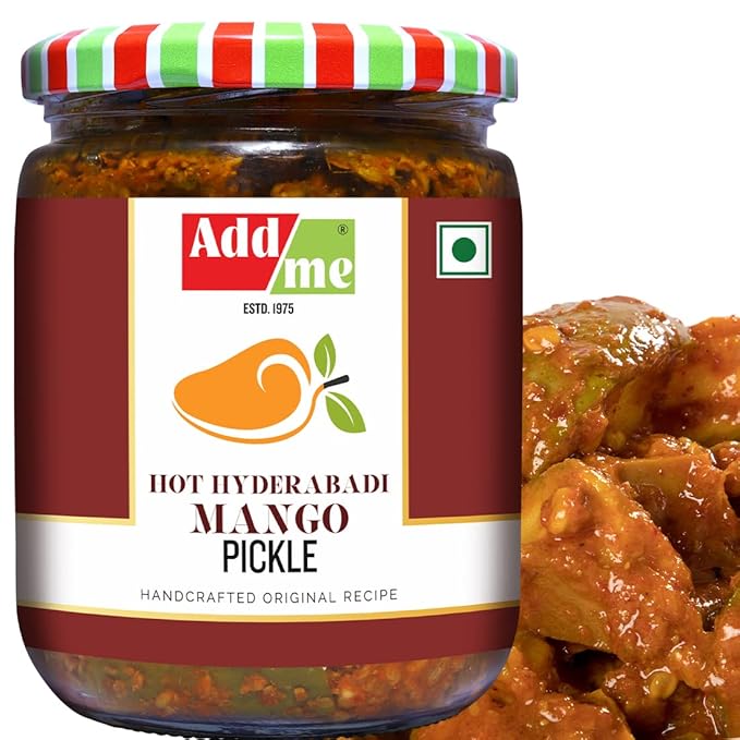 Jar of Add Me Hot Hyderabadi Mango Pickle with a colorful lid on a white background