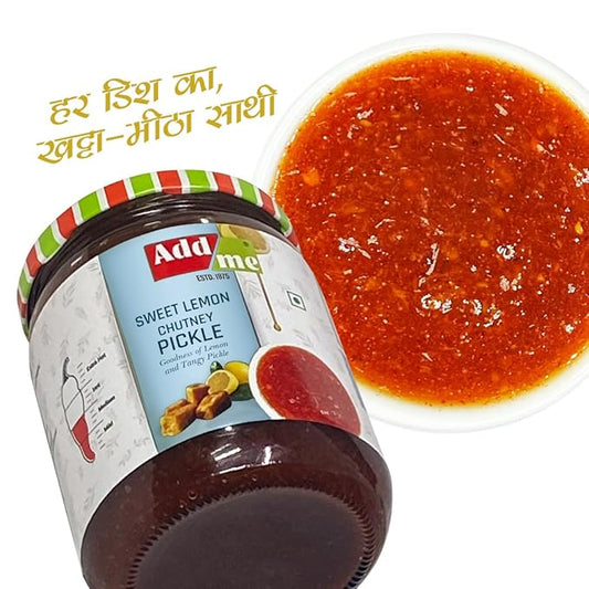 Jar of Add a Me Sweet Lemon Chutney Pickle with a bowl of the pickle on a white background
