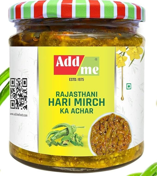 Jar of Add Me Rajasthan Hari Mirch Ka Achar with a colorful lid on a white background