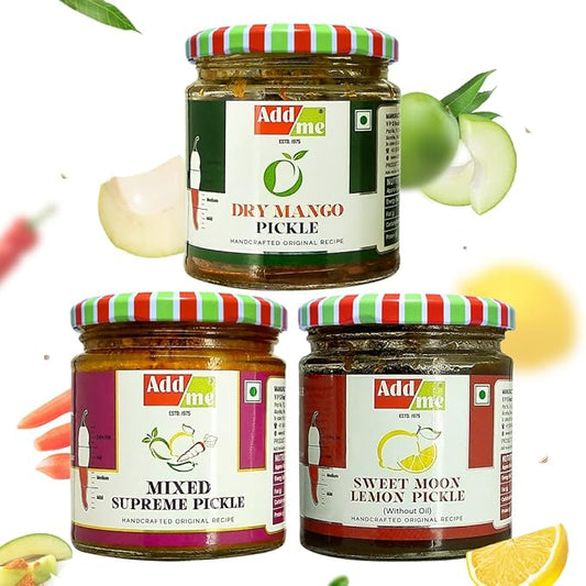 Three jars of Adda Me pickles with colorful lids and labels on a white background.