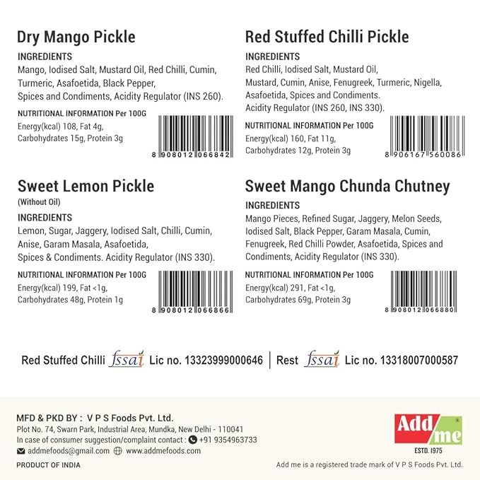 Back of a product packaging with ingredient lists, barcodes, and nutritional information for various pickles and chutneys.