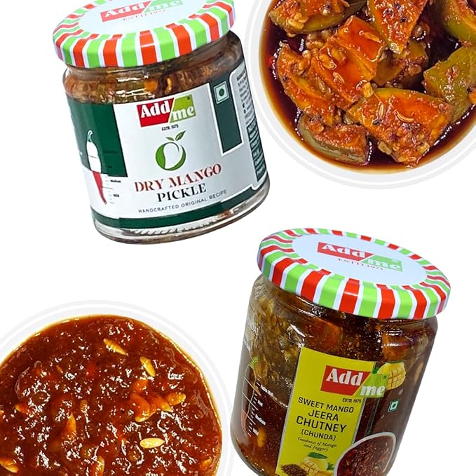 Two jars of Addme pickles with a bowl of curry and another jar of curry on a white background.