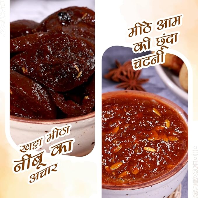 Two bowls of pickled or preserved food with text in a language other than English.