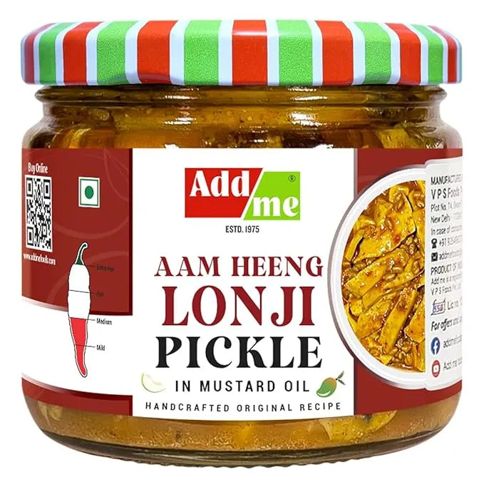 Jar of Aam Heeng Lonji Pickle with Add Me branding on a white background