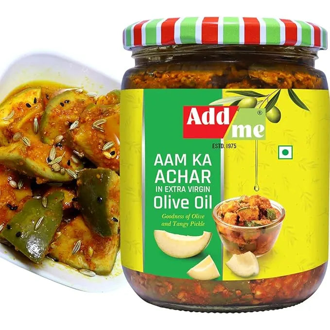 Jar of Aam Ka Achar with a colorful label on a white background