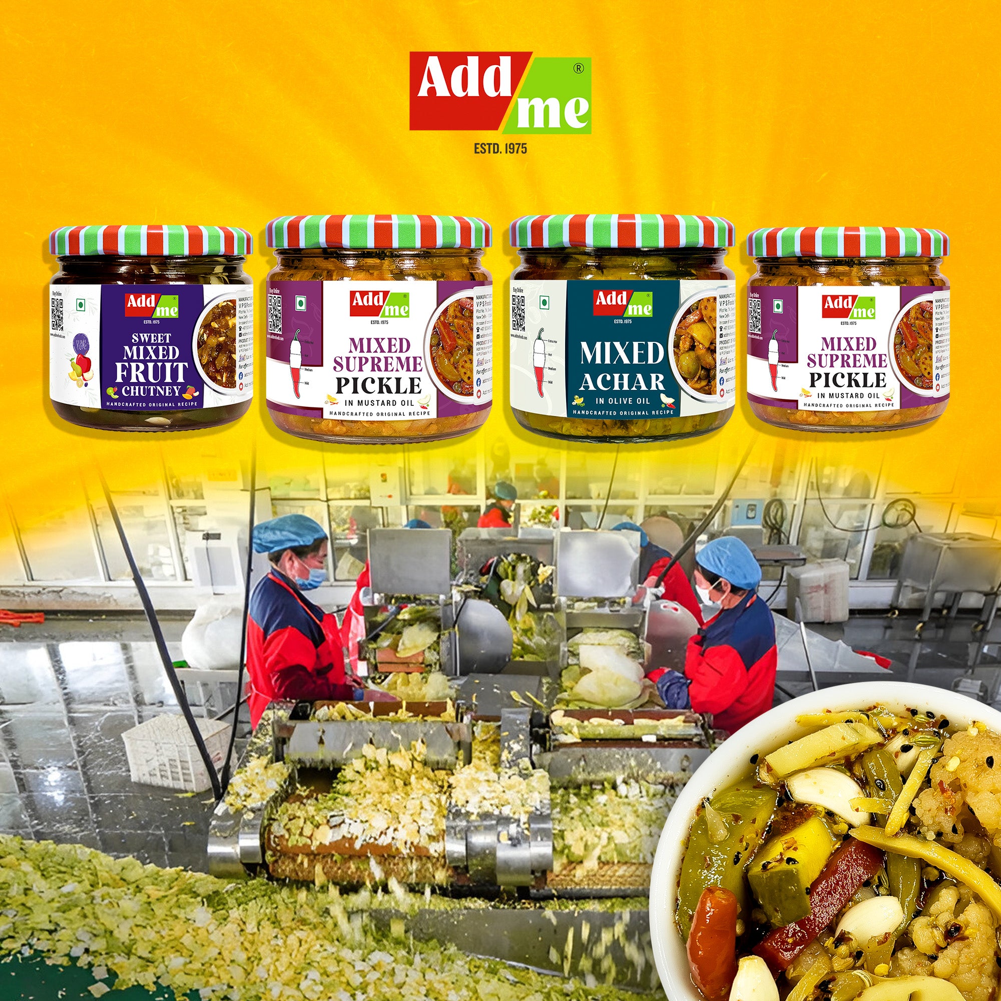 Add Me Foods: Jars of Add Me pickles on a yellow background with factory workers in the background.