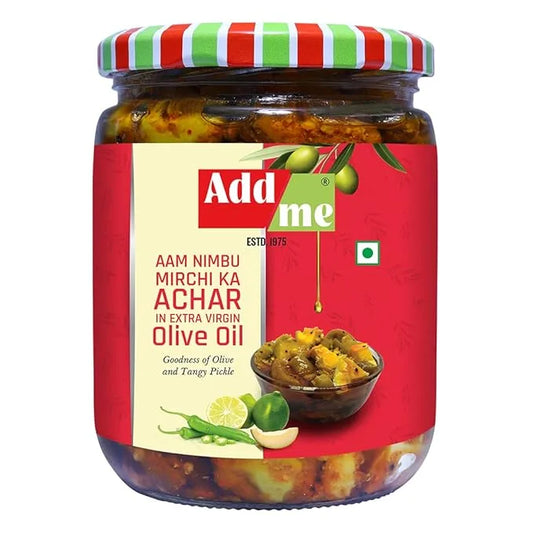 Jar of Add me Aam Nimbu Mirchi Ka Achar with a red label on a white background