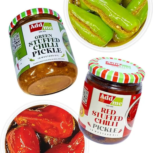 Two jars of Add Me green and red stuffed chili pickle with close-up images of pickles. chilli pickle