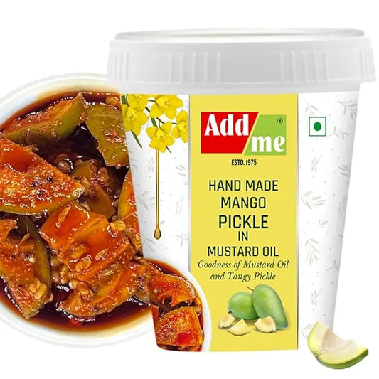 Handmade mango pickle in a container with Add Me label