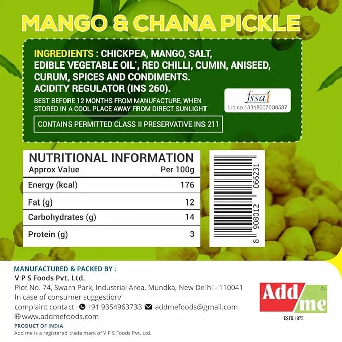 Mango & Chana Pickle label with ingredients, nutritional information, and branding on a green background.