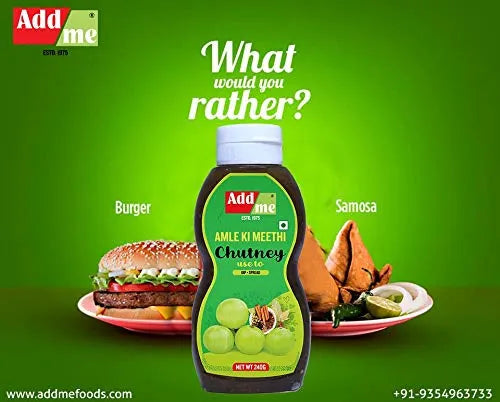 Addme chutney bottle with burger and samosa on a green background