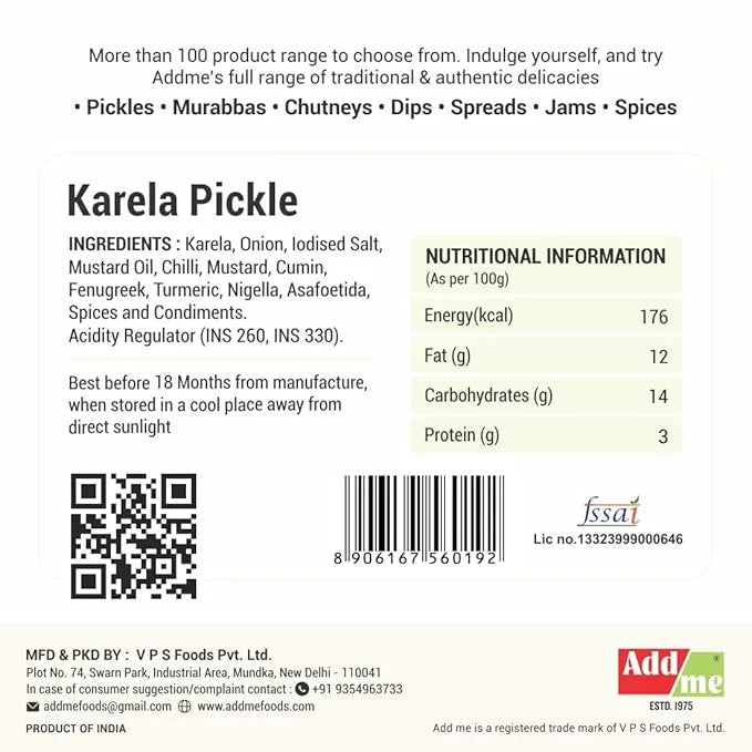 Karela pickle label with ingredients, nutritional information, and Addme branding.