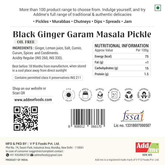 Back label of Black Ginger Garam Masala Pickle with nutritional information and branding details.