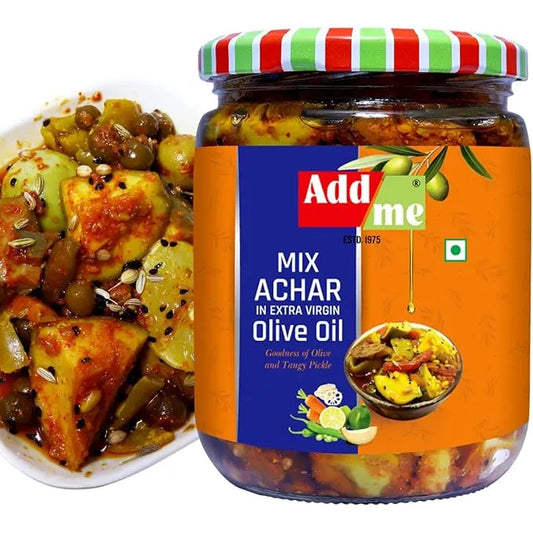 Jar of Add Me Mix Achar with a colorful lid, next to a plate of food.