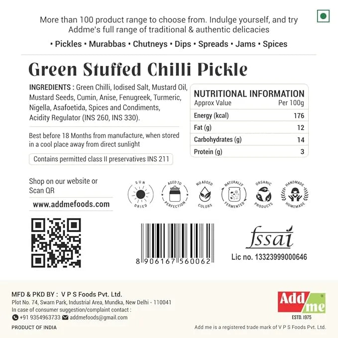 Back label of Green Stuffed Chilli Pickle with ingredients, nutritional information, and Addme branding.