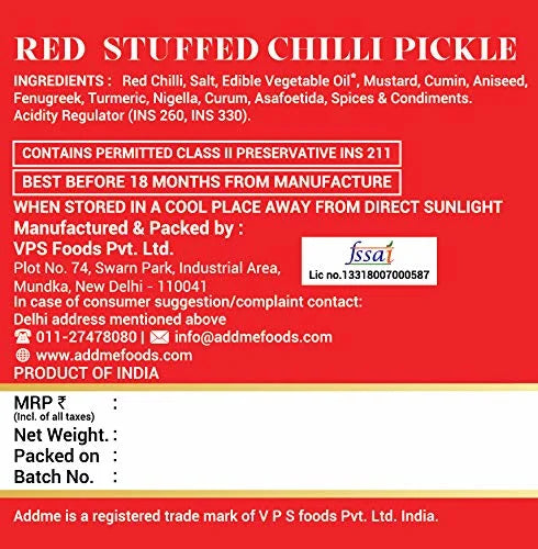 Red label for red stuffed chilli pickle with ingredients and manufacturing details.