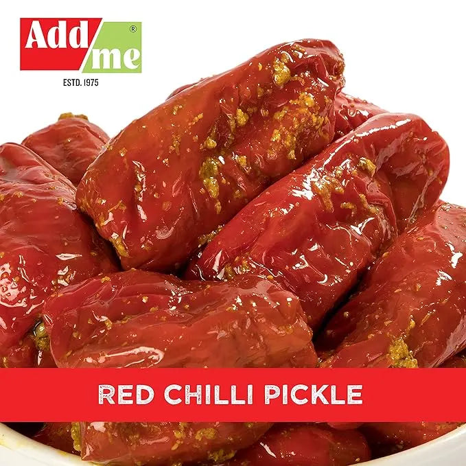 Red chilli pickle with Add Me logo and text on a white background