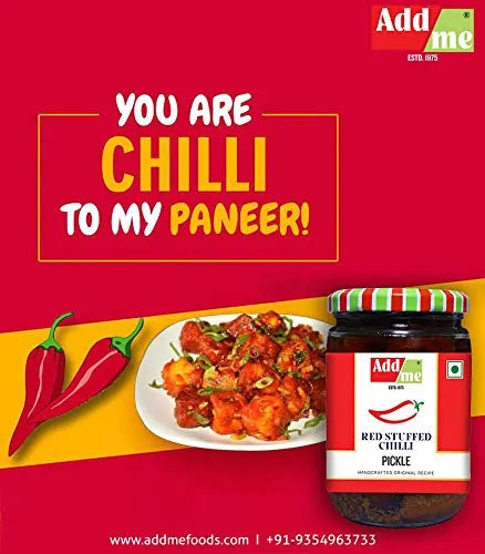 Promotional image of Add Me red stuffed chilli pickle with food and text on a red background