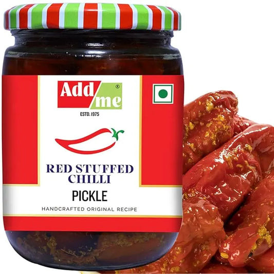 Jar of Add me Red Stuffed Chilli Pickle with a close-up of pickles on a white background