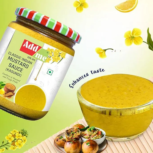 Jar of Add Me Classic Indian Mustard Sauce with a bowl of mustard sauce on a light green background.