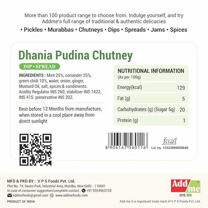 Dhania Pudina Chutney label with ingredients, nutritional information, and Addme branding.