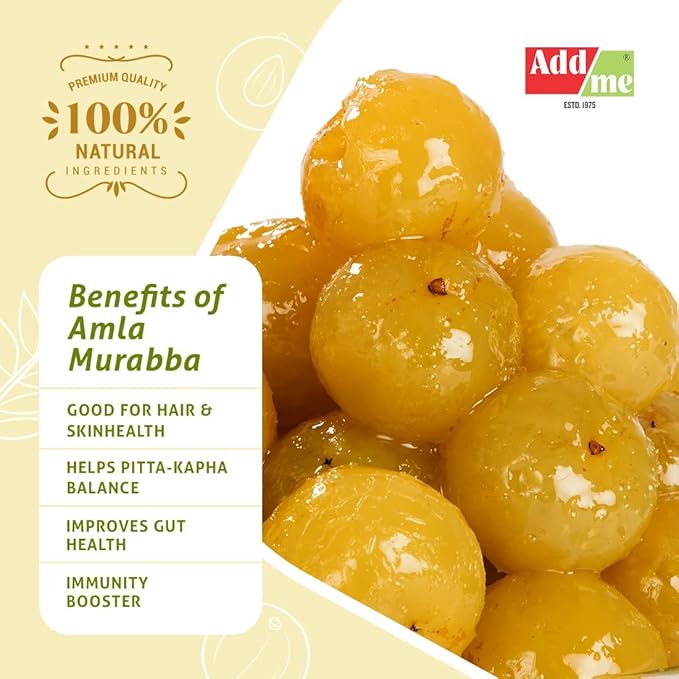 Amla Murabba with benefits listed on a yellow background, featuring Addme brand.