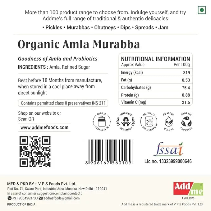 Label of Organic Amla Murabba with nutritional information, ingredients, and branding details.