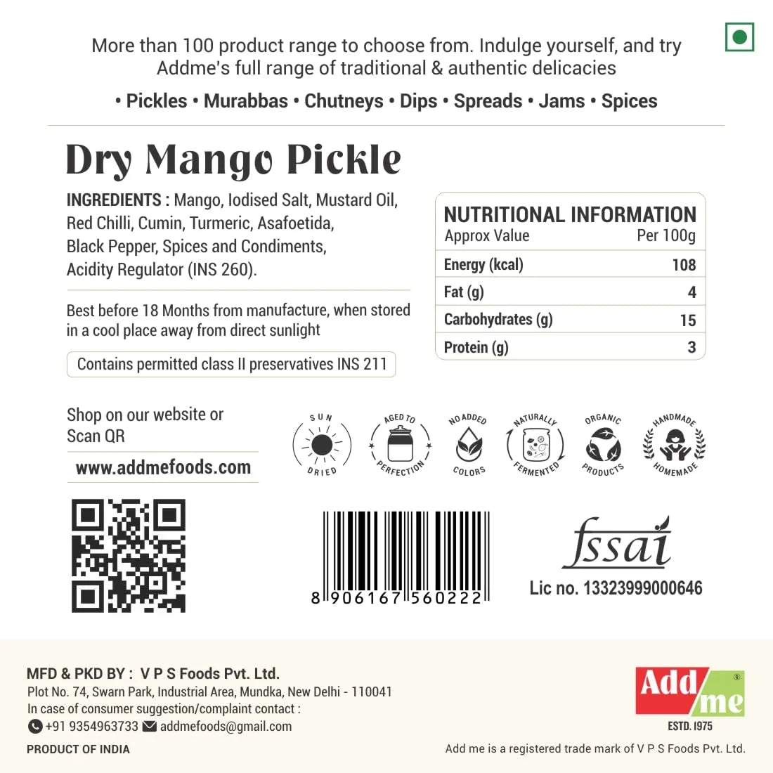 Dry Mango Pickle label with ingredients, nutritional information, and branding details.