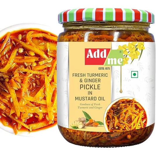 Jar of Add Me Fresh Turmeric & Ginger Pickle in Mustard Oil with a close-up of the pickle on a white background.