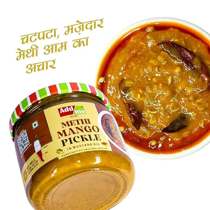 Jar of Add Me Methi Mango Pickle with a bowl of pickle on a white background