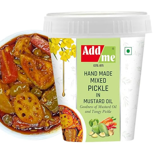 Container of Add Me hand made mixed pickle with a label on a white background. mix achar