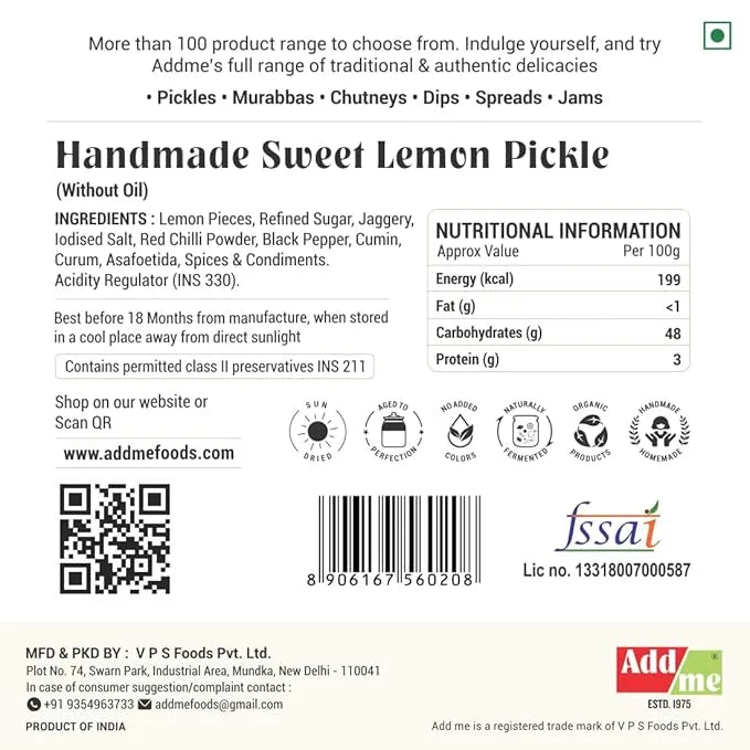 Label of Handmade Sweet Lemon Pickle with ingredients, nutritional information, and branding details.