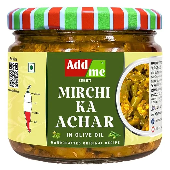 Jar of Add Me Mirchi Ka Achar with a colorful lid on a white background