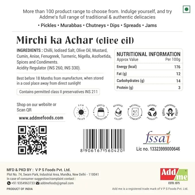 Back of a Mirchi ka Achar packaging with ingredients, nutritional information, and branding details.
