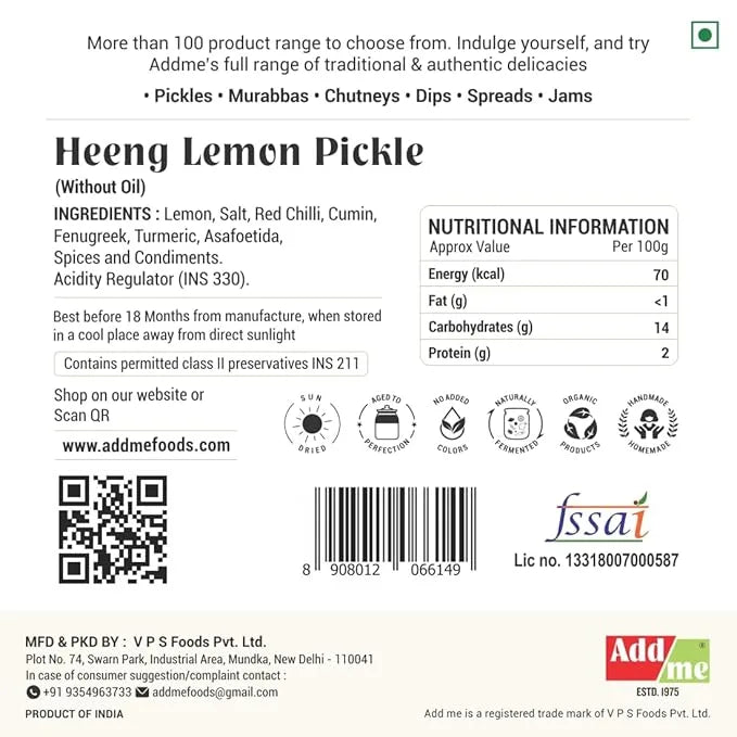 Label of Heeng Lemon Pickle with ingredients, nutritional information, and branding details.
