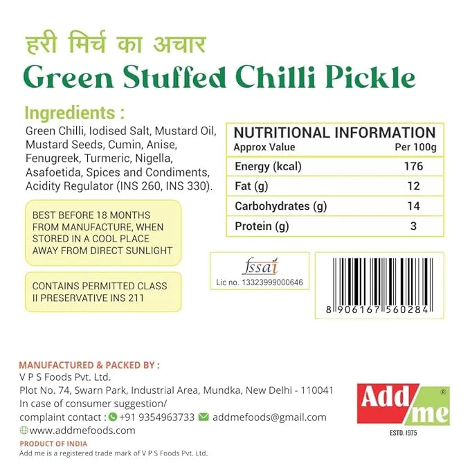 Label of Green Stuffed Chilli Pickle with ingredients, nutritional information, and contact details.