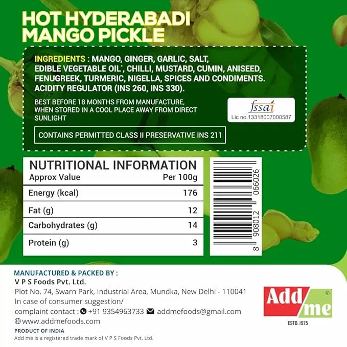 Label of Hot Hyderabadi Mango Pickle with ingredients, nutritional information, and branding details on a green background.