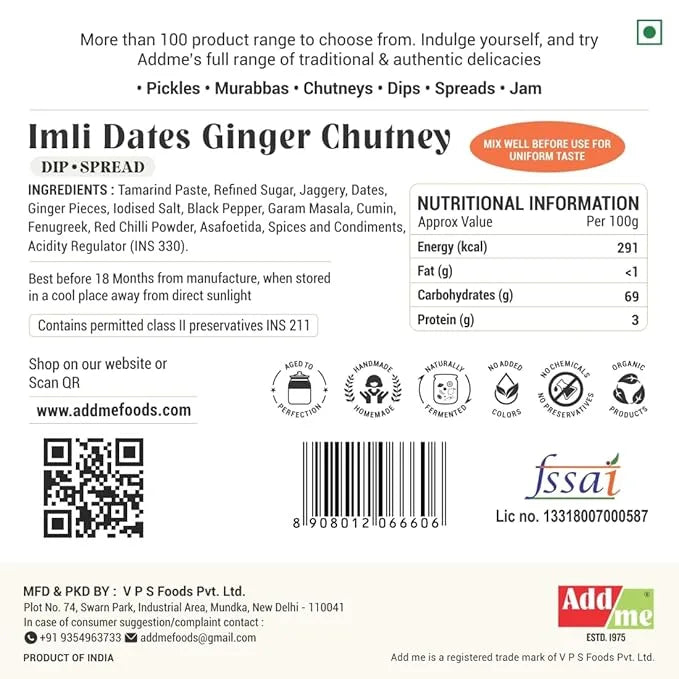Back of a product label for Imli Dates Ginger Chutney with ingredients, nutritional information, and branding details.