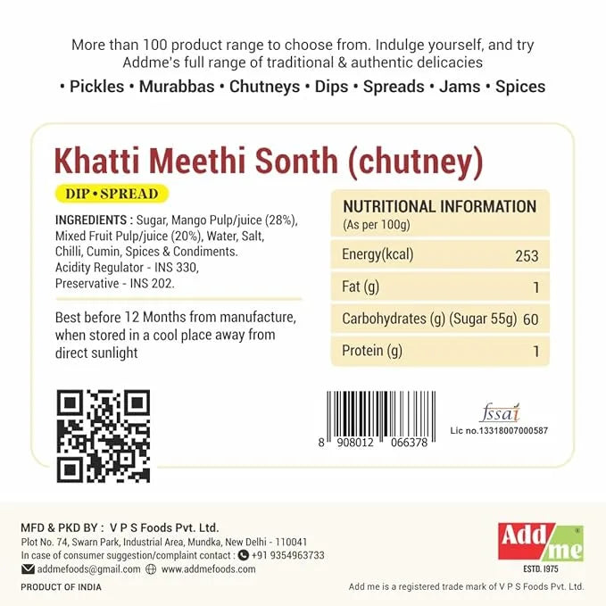 Back of a packaging label for Khatti Meethi Sonth chutney with nutritional information and branding details.