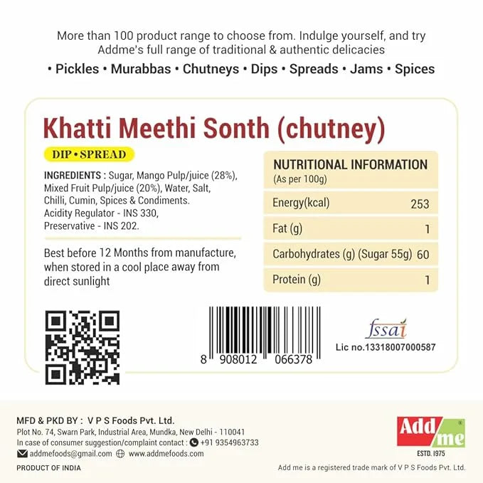 Label for Khatti Meethi Sonth chutney with nutritional information and branding details. sonth chutney