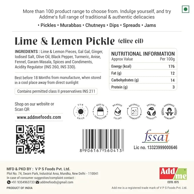 Back of a lime and lemon pickle packaging with nutritional information and branding details.