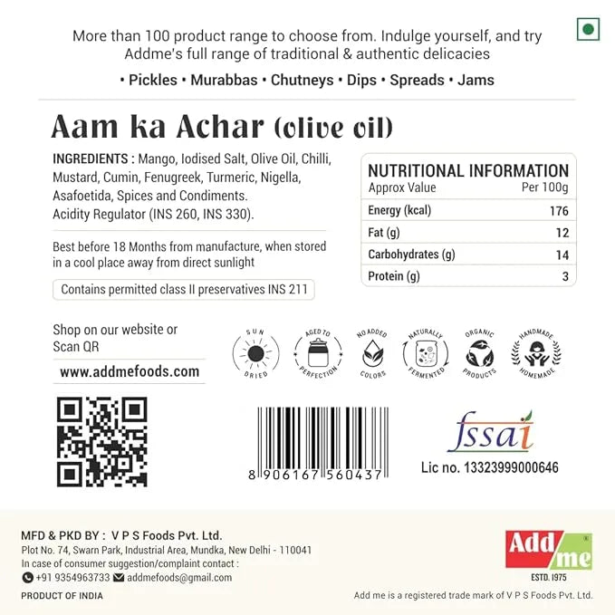 Back label of Aam Ka Achar with ingredients, nutritional information, and branding details.